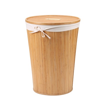 2020 Modern Bamboo Laundry Basket Home Usage Drawstring Fabric Liner Bag Round Laundry Hamper with Cover