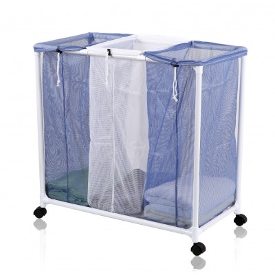 PVC Tube 3-Section Laundry Basket Bathroom Organizer Divided Dual Folding Laundry Hamper with Wheels Rolling Laundry Cart