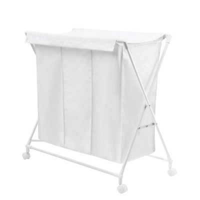 Easy Carrying White Triple Folding Wheeled Laundry Sorter Hamper Three Compartment with Removable Cover